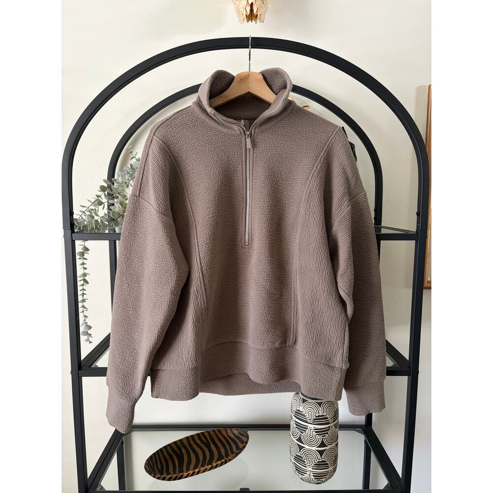 Calia Waffle Knit Quarter Zip Pullover Womens Medium Taupe Oversized Athleisure